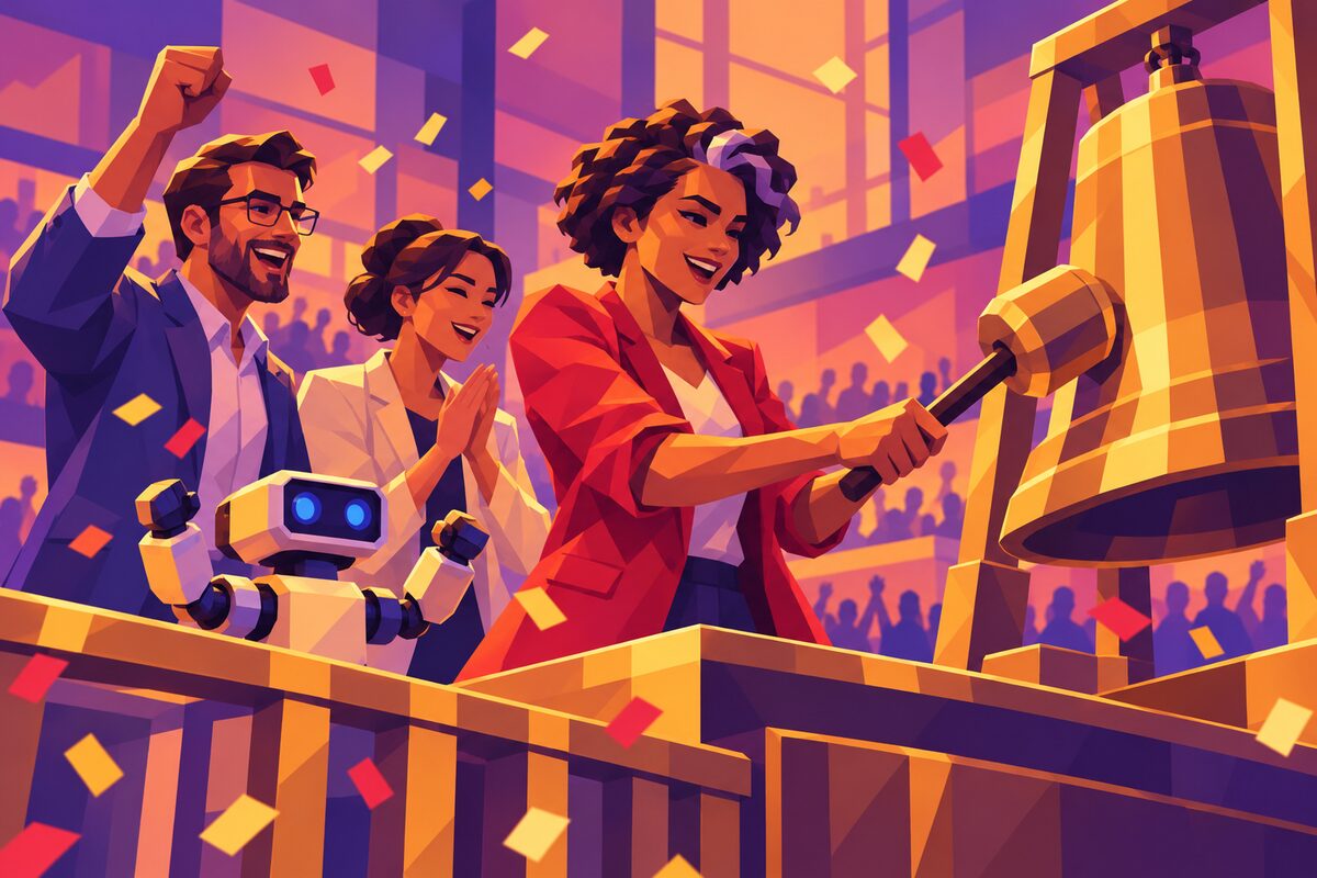 A robot ringing the opening bell on the trading floor